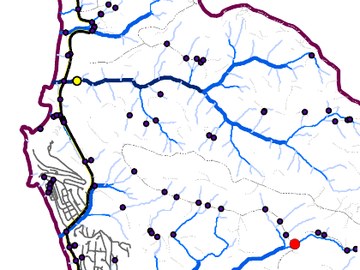 Detail of the Netarts Bay passage barriers map: road crossings on the stream network.